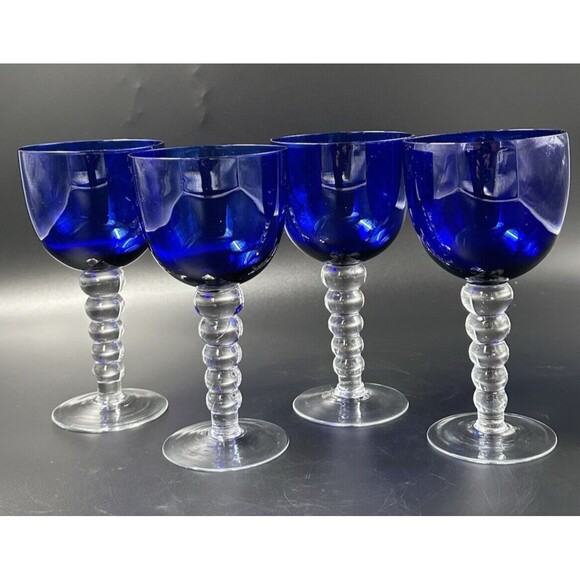 Stunning Cobalt Blue Drinking Glasses with Clear Ball Stems Set of 4 Glasses - Picture 1 of 7